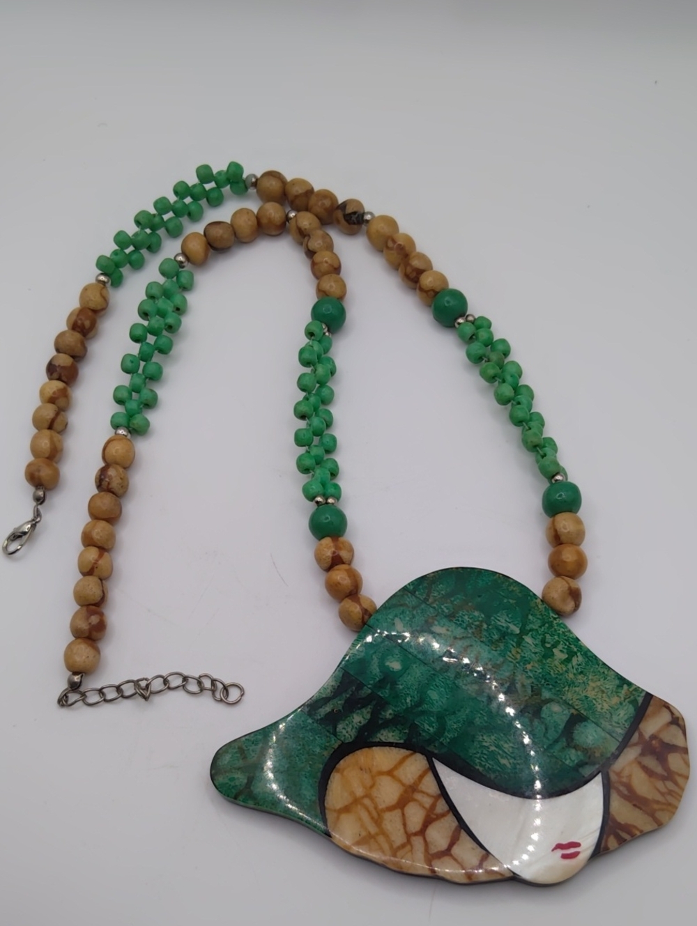 Tiger Coral and Mother Of Pearl Inlay Face Pendant Necklace